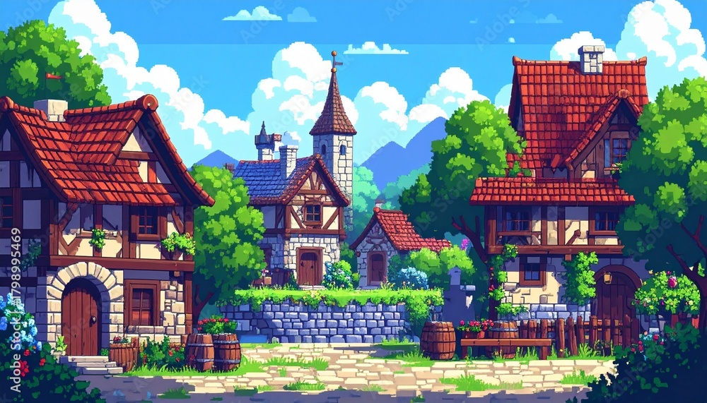 Fototapeta premium Pixel Art Collection of Medieval Village Elements and Resources. Explore this vibrant