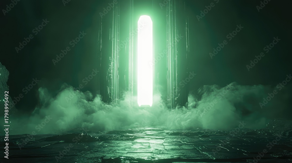 Fototapeta premium Futuristic green light portal emerging from smoke