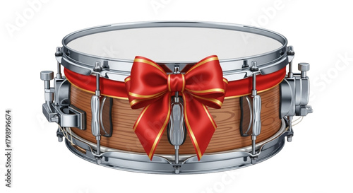 Snare drum adorned with red ribbon bow on white background  