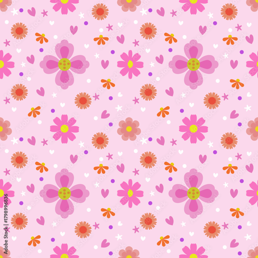 Fototapeta premium Seamless floral pattern with cute hearts and stars in pink and purple 