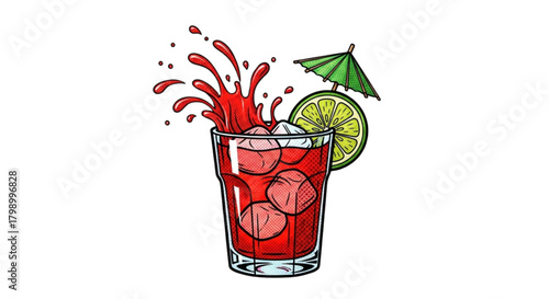 Refreshing cocktail with ice, lime, and umbrella splash  
