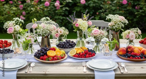 Fototapeta Naklejka Na Ścianę i Meble -  A table set with fresh fruits and flowers in a garden setting.