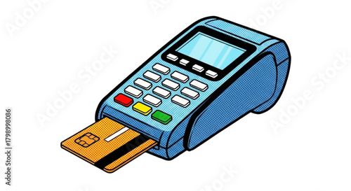 Credit card machine with card inserted in colorful design  