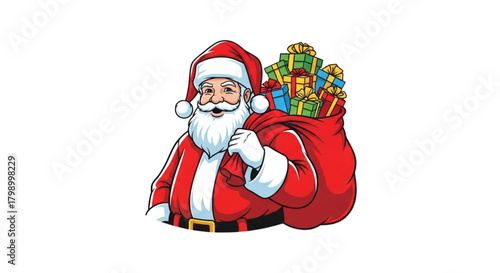 Santa Claus carrying a sack of gifts and smiling for Christmas  
