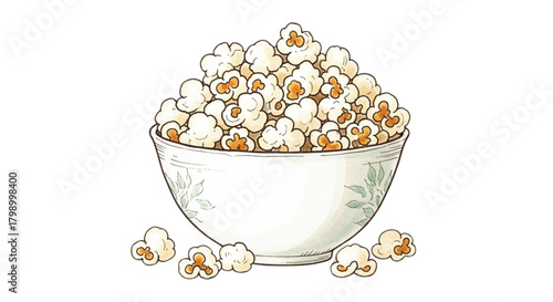 Bowl of popped corn overflowing with popcorn on white background  