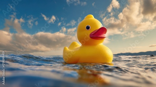 Bright yellow rubber duck floats on calm ocean waves under a scenic sky during a beautiful sunset