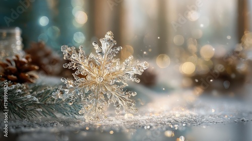 delicate snowflake crystal covered in frost and glittering against a blurred cozy winter background with pine branches and holiday deco ns
