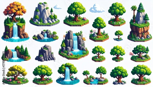 Pixelated Nature Elements Featuring Trees Rocks and Waterfalls. A collection of pixel 