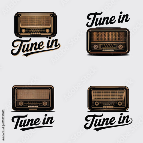 Vintage radio illustrations with " Tune in" text in four variations retro radio old radio