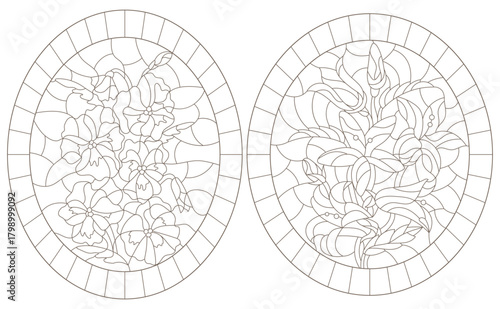 A set of contour illustrations in the style of stained glass with abstract flowers, dark outlines on a white background
