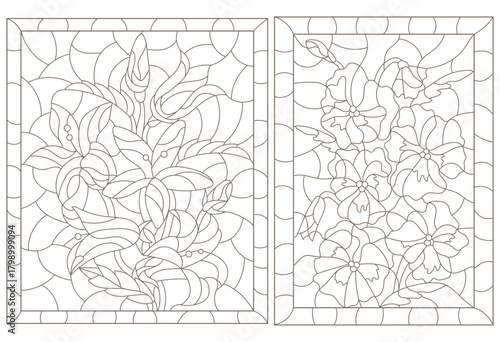 A set of contour illustrations in the style of stained glass with abstract flowers, dark outlines on a white background