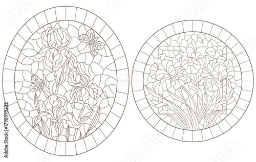 A set of contour illustrations of stained glass Windows with irises and butterflys, dark contours on a white background, oval and rectangular image