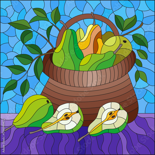 An illustration in the style of a stained glass window with a still life, a basket with pears on a table on a blue background