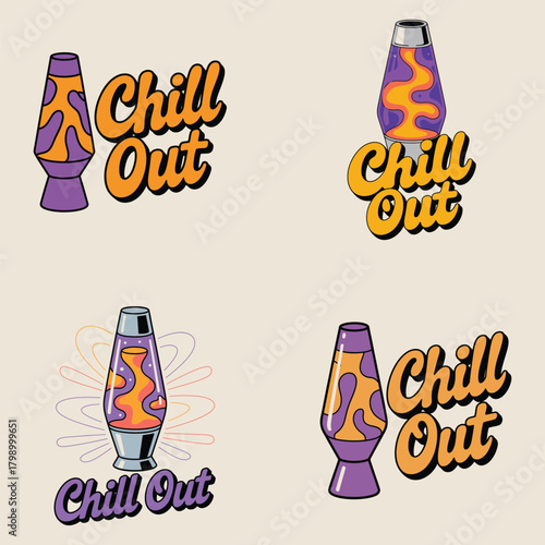 Four Chill Out Designs With Retro Lava Lamps And Groovy Typography vintage