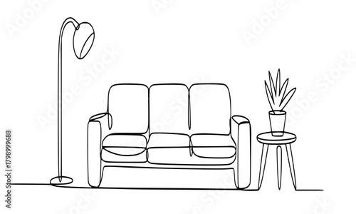  Line Drawing of Living Room Interior, Three-Seater Sofa, Floor Lamp, Side Table, and Potted Plant, Minimalist Vector