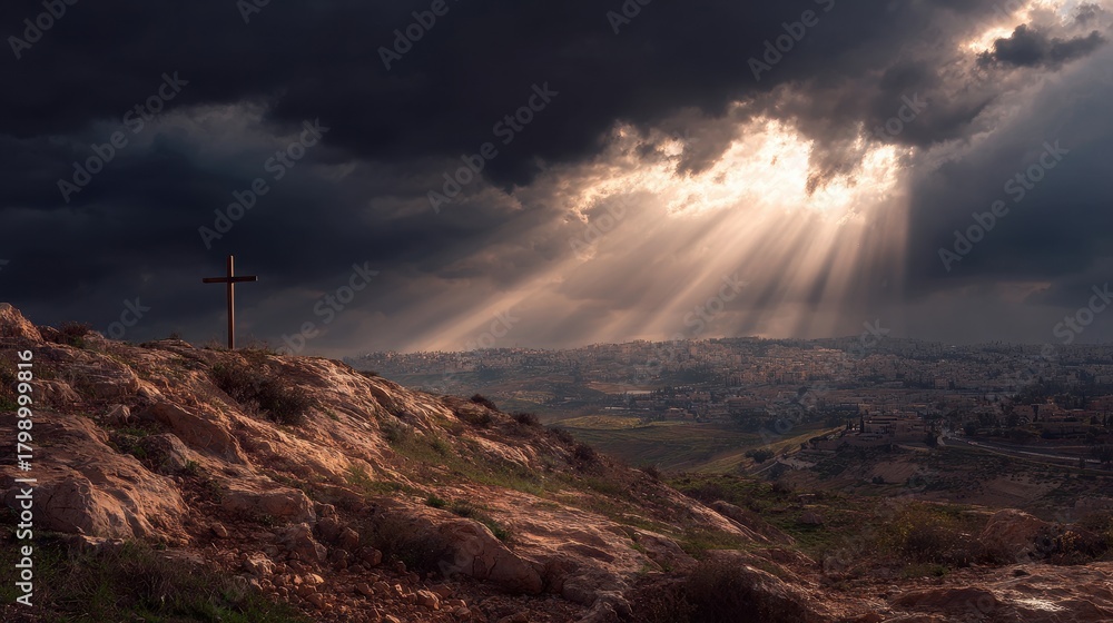 Obraz premium Sunlight breaks through stormy clouds over a hilltop cross near Jerusalem at sunset