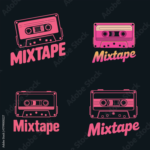 Four Pink Cassette Tape Icons With Mixtape Text Keywords: cassette, tape, mixtape, music, retro