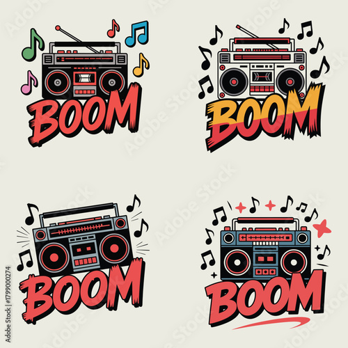 Four retro boomboxes with music notes and text BOM vintage audio