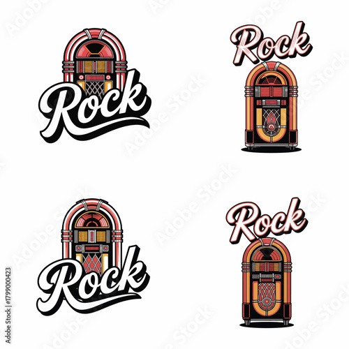 Four Retro Jukebox Icons With Rock Text On White Background Keywords: jukebox, rock, music