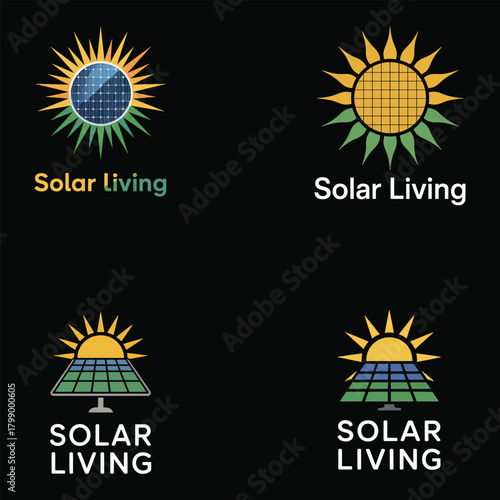 Four solar power logos with sun and solar panel designs solar energy renewable energy