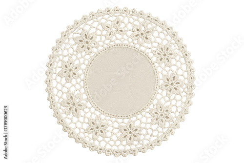 Round white lace doily with floral crochet pattern, traditional fabric craft element on transparent background