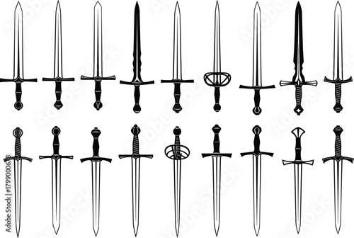 Collection of medieval sword silhouettes featuring various blade shapes, crossguards and handles, perfect for fantasy artwork, weapon design and historical illustration projects