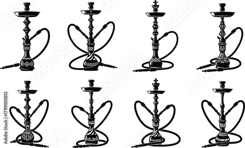 Collection of detailed hookah silhouettes featuring traditional shisha pipes with hoses, ornate bases and classic designs for smoking, lounge and cafe illustrations