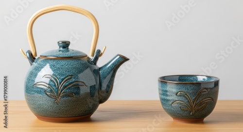 A blue ceramic teapot and cup with a bamboo handle on a wooden table.