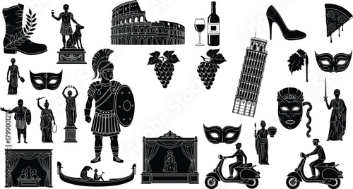 Collection of Italian culture silhouettes featuring Rome monuments, gladiators, gondola, wine, masks, Vespa scooter, food, and historical symbols