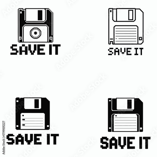 Pixelated floppy disk icon with " SAVEIT" text in pixel font diskette save