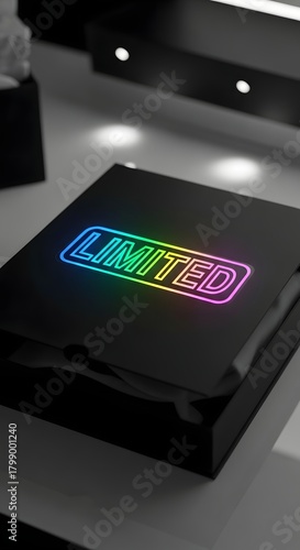 A sleek black box with a vibrant, multicolored neon
