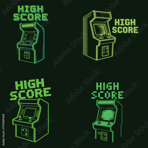 Retro arcade game machines with " High Score" text in four variations video game retro game