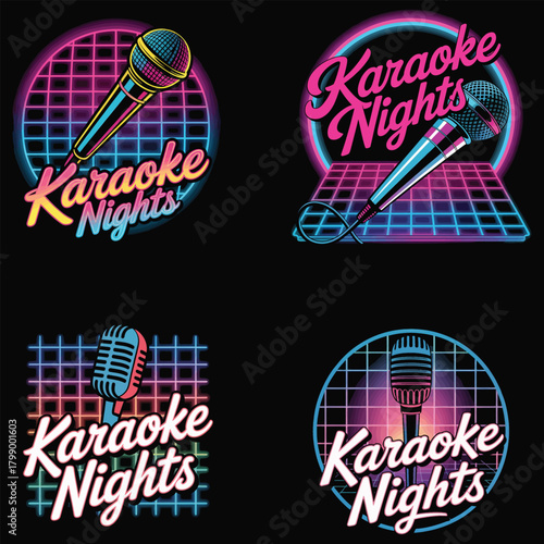 Retro Karaoke Night Logos with Neon Microphones and Grids Keywords: karaoke, night, music