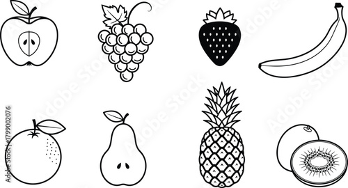 Collection of fruit illustrations including apple, grapes, strawberry, banana, orange, pear, pineapple, and kiwi, simple outline vector design