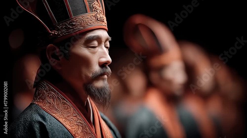 Close-up of solemn and dignified expression of Tang Dynasty officials