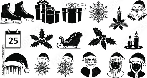 Collection of festive Christmas icons including gifts, snowflakes, Santa hats, holly leaves, candles, sleigh, ice skates, and holiday characters
