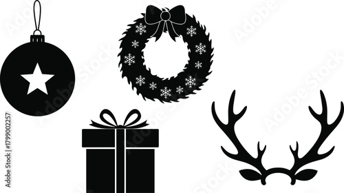 Christmas wreath ornament gift box and reindeer antlers in festive black and white silhouette style perfect for holiday decoration celebration and seasonal design