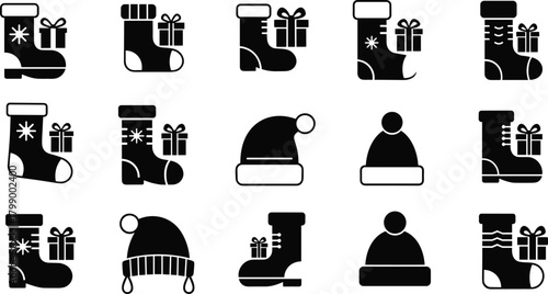 Christmas stockings and winter hats with gift icons in festive black and white silhouette style perfect for holiday decoration, celebration and seasonal design