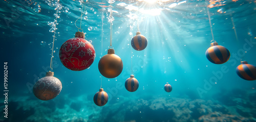 Crystal-clear underwater scene with floating Christmas ornaments suspended like pearls, shimmering light rays from surface, rare aquatic holiday theme.
