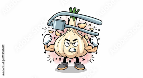Muscular Garlic Cartoon Character with Garlic Press.