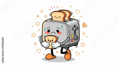 Sad Toaster Character Holding a Slice of Bread.
