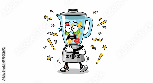Scared cartoon blender mascot shaking with fear and panic.