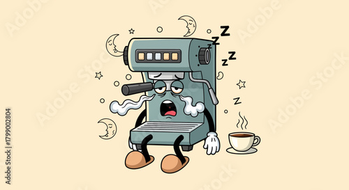 Tired Coffee Machine Character with Zzz Symbols and Coffee Cup.