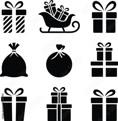 Christmas, holiday, festive, gifts, boxes, sleigh, sacks, ribbon, bow, presents, icon, silhouette, vector, illustration, design, cartoon, symbol, celebration, package, stack