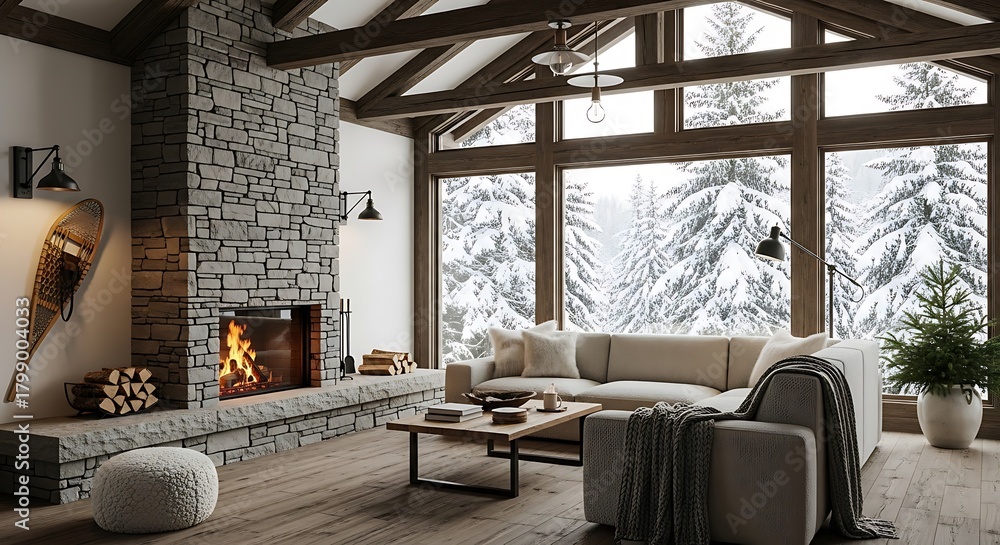 Naklejka premium Cozy living room with fireplace and winter view from the large windows