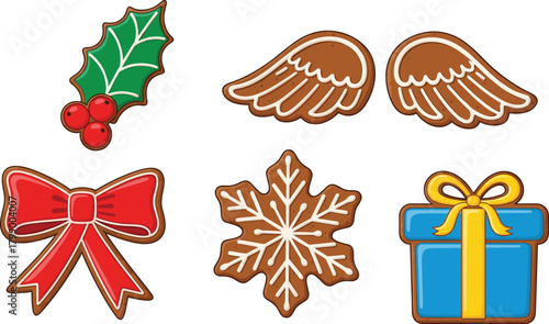 christmas, holiday, festive, gingerbread, cookies, illustration, vector, design, decoration, ornament, holly, wings, bow, snowflake, gift, box, icing, sweet, dessert, winter, celebration