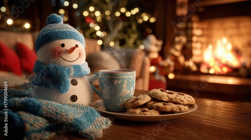 Wallpaper Mural Cozy winter scene with a snowman, cookies, and warm drink by the fireplace in a festive setting Torontodigital.ca