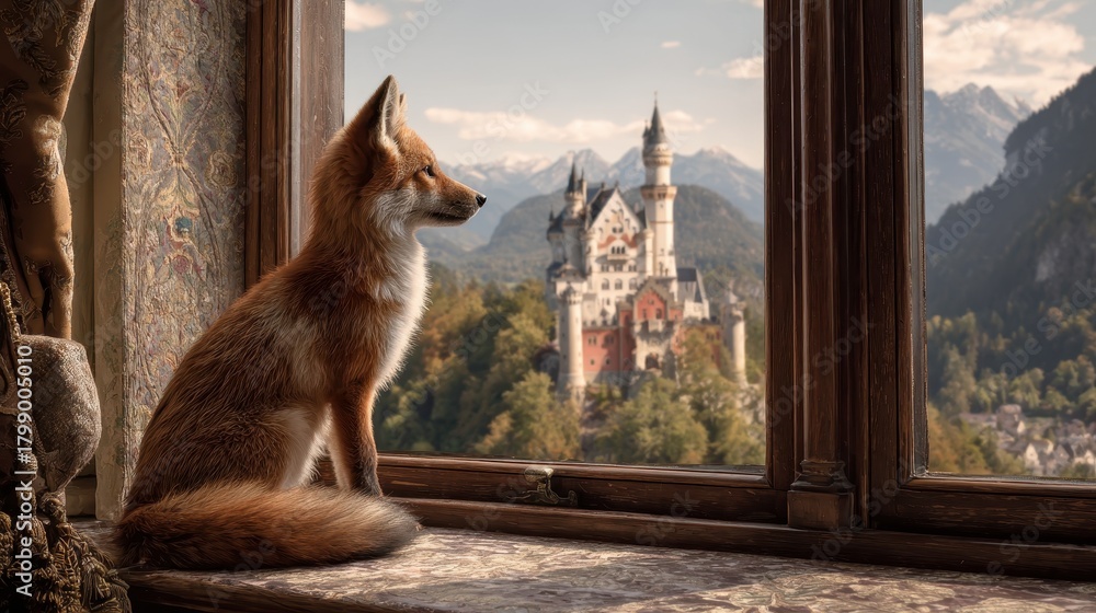 Naklejka premium Fox gazes at fairy tale castle from cozy window seat in serene landscape during golden hour