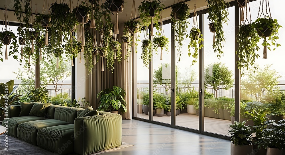 Obraz premium Bright living room with green sofa and plants hanging from the ceiling