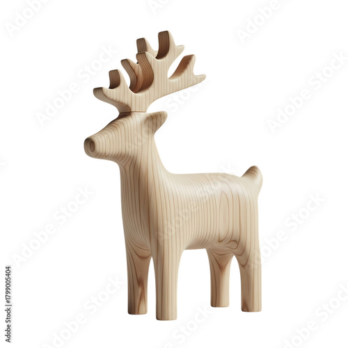 Wooden reindeer figurine stands against a in a minimalist design on transparent background